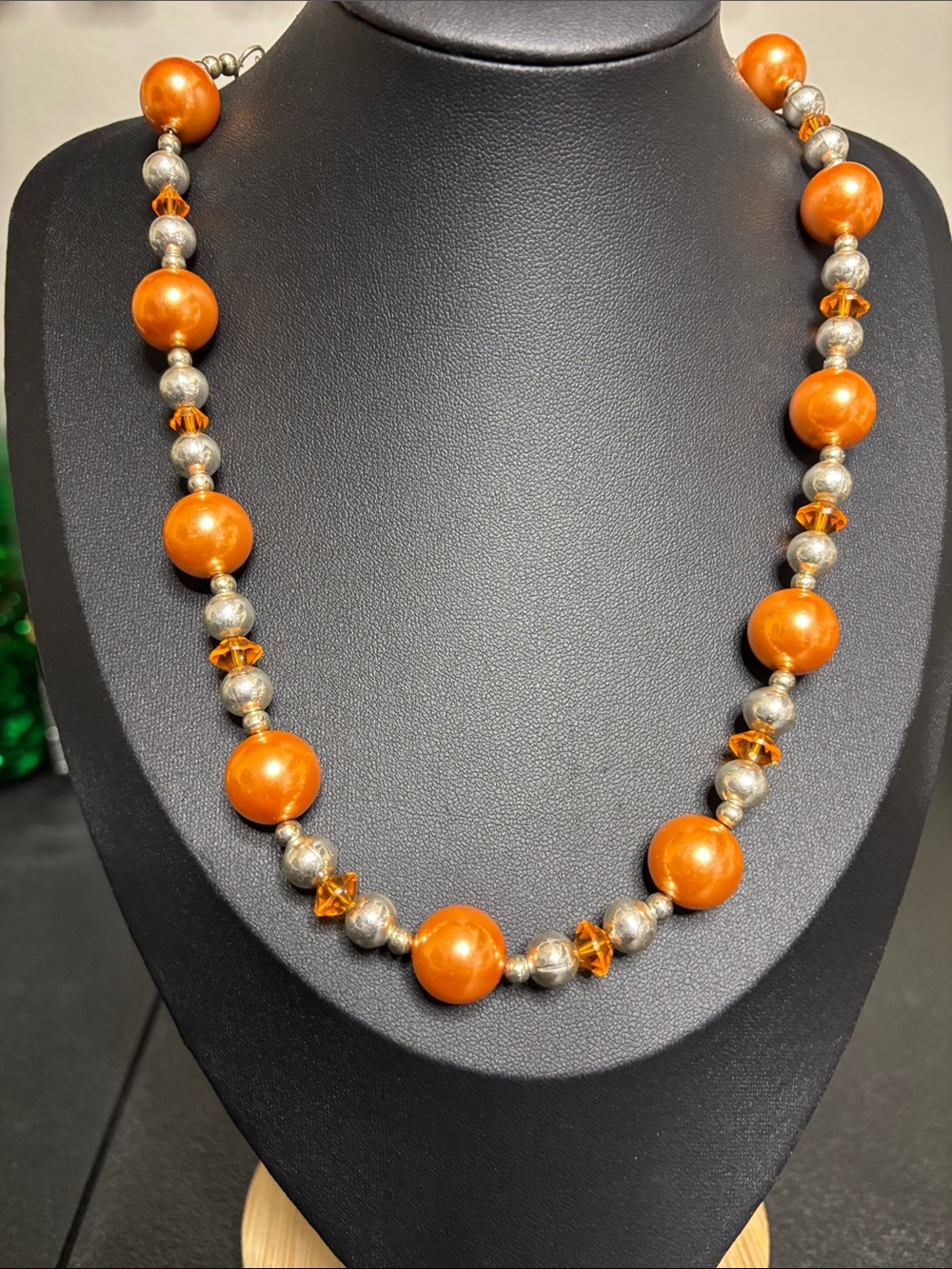 Vintage Glass Orange Faux Pearl Beaded Necklace with Silver Accent Beads